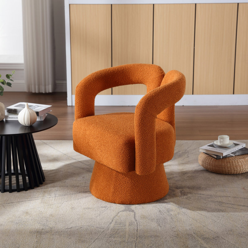 360 Degree Swivel Cuddle Barrel Accent Chairs for Living Room Bedroom Latitude Run Fabric Orange Boucle